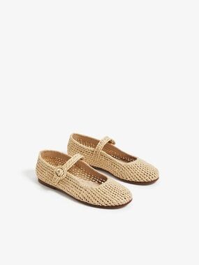 ZARA girls raffia woven straw ballet flats mary janes 28 neutral
